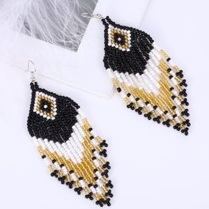 Handmade Beaded Colorful Fringe Earrings in Black and Gold Chevron